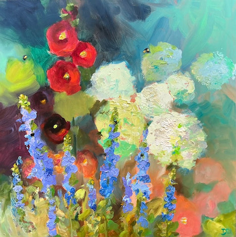 Hollyhock, Hydrangeas and Bees by kristen Dill
