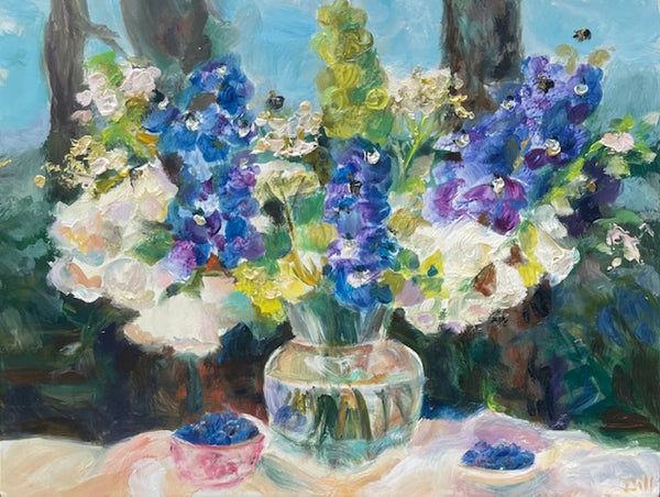 Canterbury Bells with Larkspur and Bees by Kristen Dill