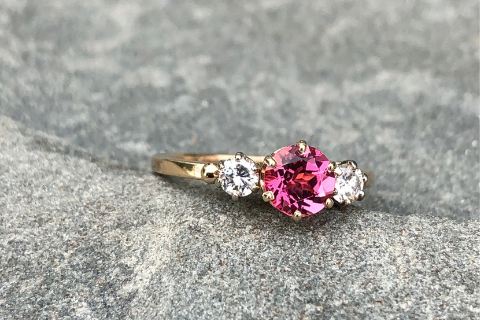 Pink Rose: Pink Maine Tourmaline and Diamond Yellow Gold Ring