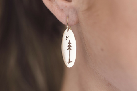 Pine Tree and Star Cut Out Earrings in 14k Yellow Gold