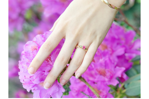 Beach Rose: Maine Pink and Green Tourmaline Yellow Gold Ring