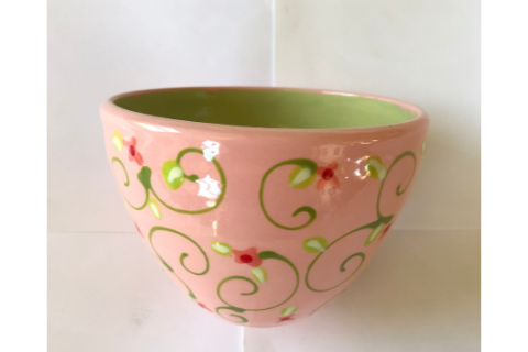 Medium Pink Bowl with Flowers by Lacey Pots
