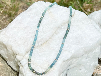 River Stones: Varied Beryl (Aquamarine) and 14K Yellow Gold Beaded Necklace