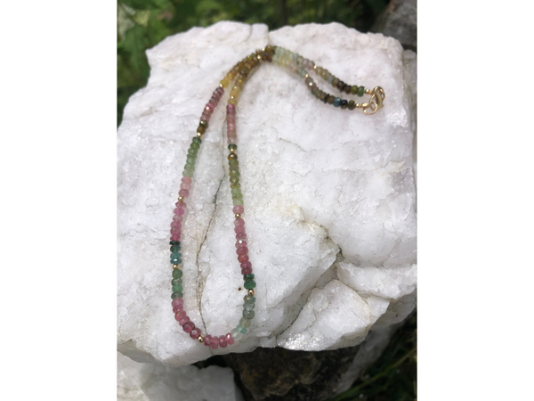 Lady's Delight: Multicolored Faceted Tourmaline and 14k Yellow Gold Beaded Necklace