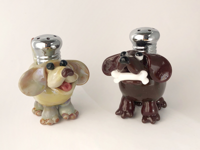 Dog and Dog with Bone : Salt & Pepper Shaker Set by Lucky Duck Glass
