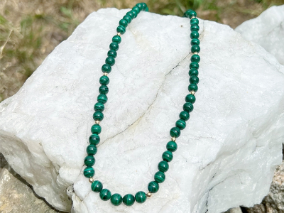 Pine Forest: Malachite and 14k Yellow Gold Beaded Necklace