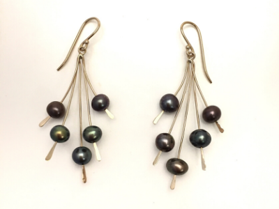 Spray of Black Pearl: 14k Gold Earrings